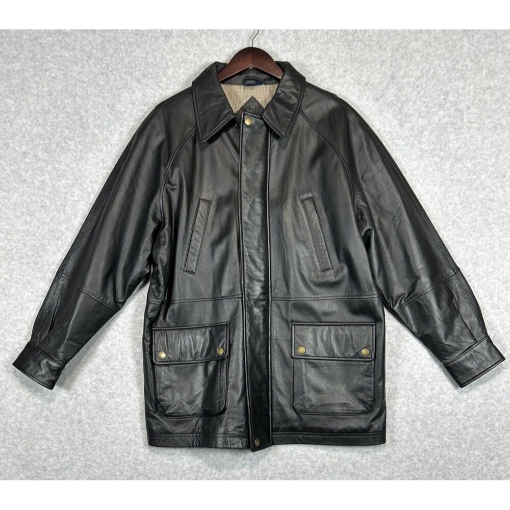 Chaps Ralph Lauren Men's Black Genuine Leather Jacket Coat Size M Snap Pockets